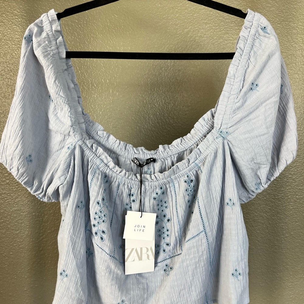 Zara Sky Blue Embroidered Blouse